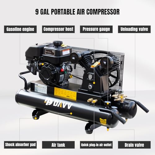 HPDAVV Gas Driven Compressor 6.5HP - Single Stage - 9 Gal Twin Air Tank - 12cfm @ Max 125psi - Wheelbarrow Portable Air Compressor - Thumbnail 4