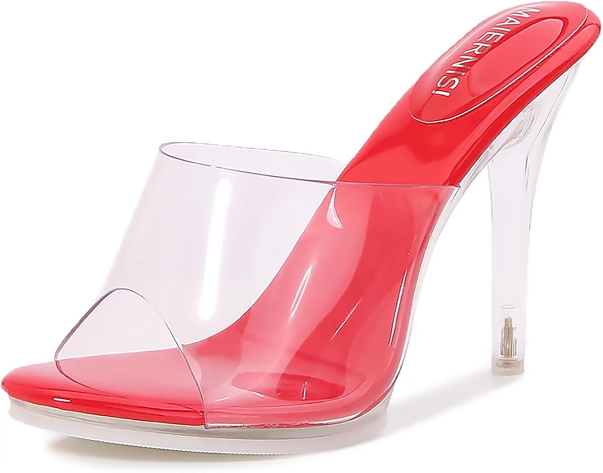Women's Transparent One Strap Sexy Stiletto Heels Round Peep Toe Clear High Heels Slip-On Dress Heeled Mule Sandals for Formal Wedding Prom Party Evening