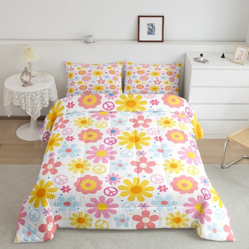 Image of Groovy Flower Bedding Set for Kids Boys Girls Retro Floral Boho Comforter Set Toddler Size Psychedelic Floral Duvet Quilt Bedroom Decor Breathable Soft Lightweight Microfiber Nature Theme 2Pcs