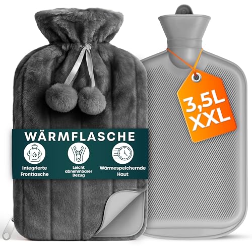 Wärmflasche Groß - 3,5L Wärmflasche mit Bezug, Grau Wärmekissen mit Reißverschluss und Armtaschen - Zur Schmerzlinderung, für Kinder und Erwachsene & Geschenks