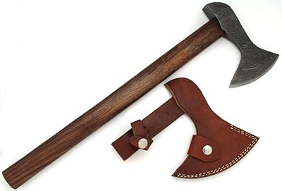 Wild Turkey Handmade Solid Damascus Steel Axe w/Leather Sheath Outdoors Camping Hunting