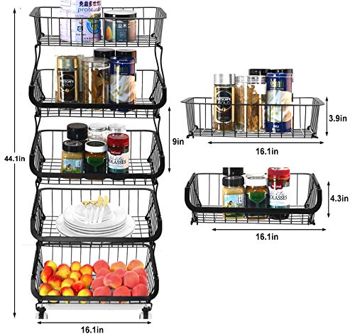 Metal Wire Baskets With Wheels 5 Tier Stackable Fruit Vegetable Basket Rack Storage Bins Shelf For Kitchen Pantry,Market, Garage #TOP7