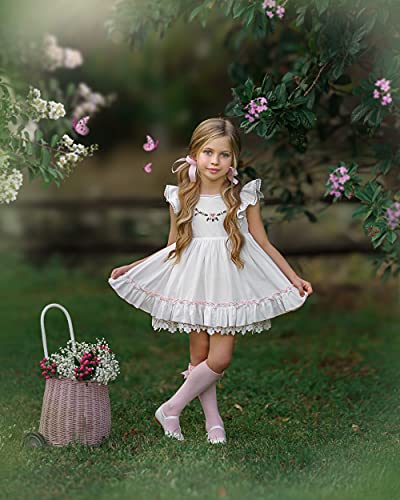 Jannybb Girl Dress, Embroidered Lace Hem, Spoon Collar, Ruffle Sleeve, Cotton Kids Vintage Clothing White #TOP1