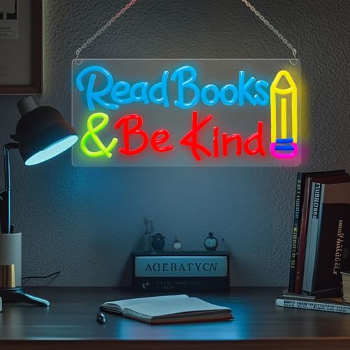 Image of Read Books Be Kind Neon Sign for Wall Decor Dimmable Read Books Neon Light for Classroom LED USB Classroom Sign for Bookstore Library Museum Study Room Christmas Birthday Gift Size 14.2In*7.1In