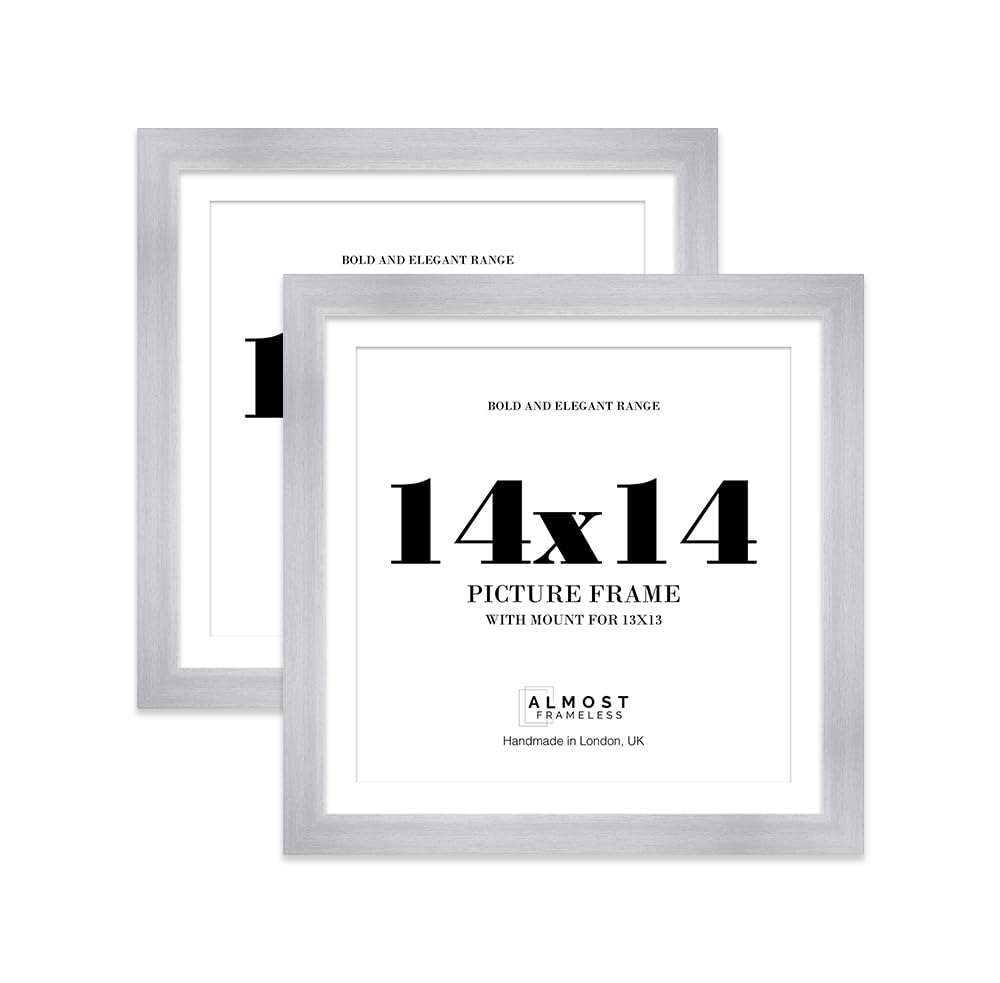 14x14" Silver Square Frame With Mount for 13x13" Pictures 28mm Edge Frame Display with Wall Hooks, 2 Pack