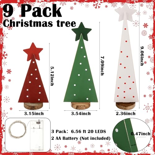 Colingmill 9 Pcs Wooden Christmas Tree Tabletop Decor Sanding Wood Christmas Tree Sign with 3 Pcs 6.56 ft LED Lights for Xmas Home Farmhouse Centerpieces Holiday Decor(Classic Style,Red Green) by Colingmill - Image 2