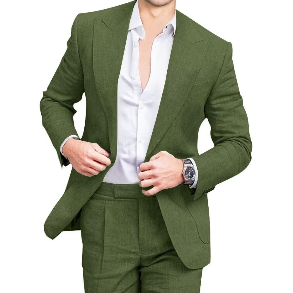 Mens Linen Suits 2 Piece Beach Wedding Blazer Summer Grooms Classic Lightweight Breathable Jacket Pants