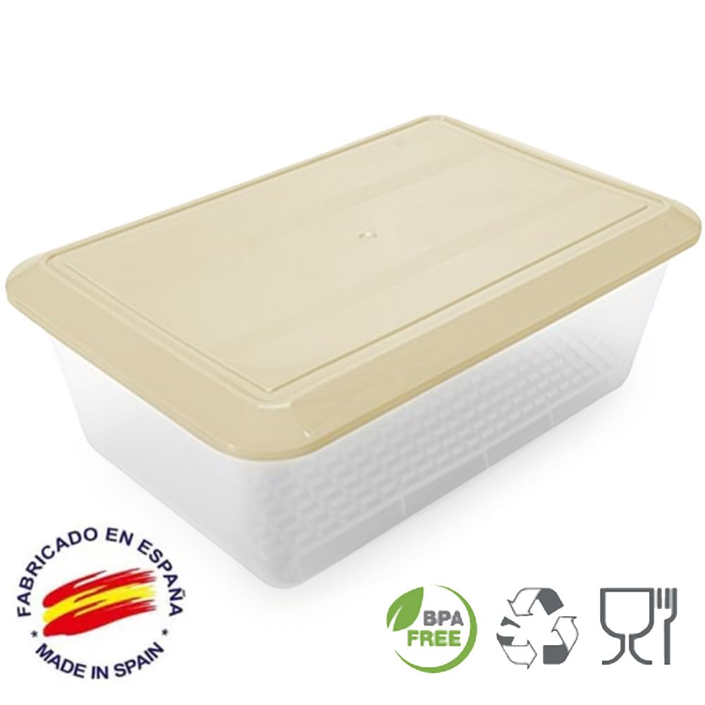 Pack 6 Bandejas Descongelar Alimentos 6,5L Tapa Beige y Rejilla Antigoteo | 36 x 24 x 12,5cm. Sin BPA. Recipiente para descongelación más higiénica. Ideal cocinas, restaurantes, hostelería y cátering