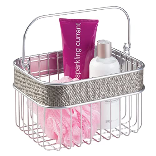 mDesign Metal Woven Storage Basket Bin with Handle for Organizing Hand Soaps, Body Wash, Shampoos, Lotion, Conditioners, Hand Towels, Hair Accessories, Body Spray, Mouthwash - Small - Metallic
