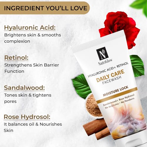 Image of NutriGlow Hyaluronic Acid & Retinol Daily Care Face Wash, Wrinkle Free Skin with Sandalwood, Sulfate Free, All Skin Types For Men And Women (100ml) Pack of 3
