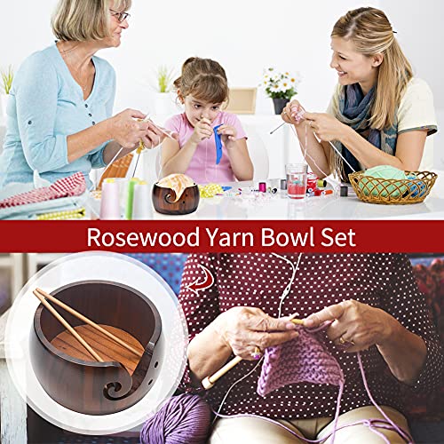 Wooden Yarn Bowl With Bamboo Crochet Hooks & Holes, Knitting Accessories Diy Hand Craft Yarn Storage Bowls For Yarn Balls & Skeins, Birthday Gifts For Mom & Knitting Lovers (Type C) #TOP2