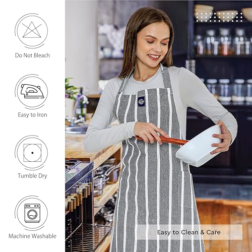 Image of Encasa XO Cotton Cooking kitchen Apron for Women and Men chef apron With adjustable neckstrap, Pocket & Towel Holder for Easy cooking, Baking, BBQ, Gardening- Roma Grey Stripes, 68x85 cm