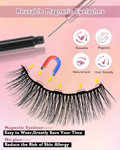 Image of Batfield 3 Pairs Magnetic False Eyelashes - Reusable Fake Eyelashes with Eyeliner and Tweezer - Artificial Eye Lashes for Women Natural Wispy(Style 4)