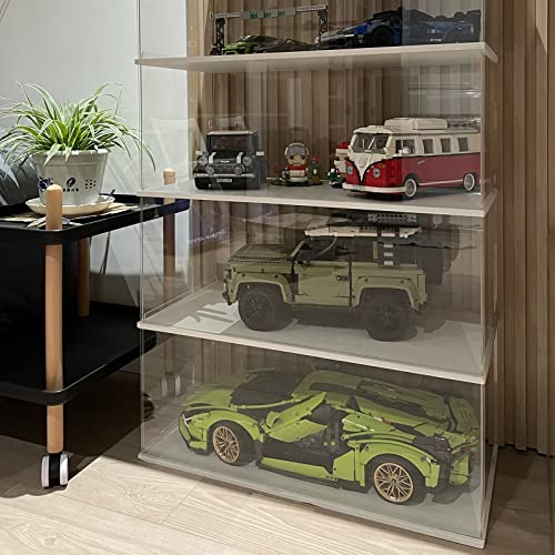 Image of Choowin 2 Layer Acrylic Display Case for Lego Cars (McLaren P1, Ferrari SP3, Bugatti Chiron, Porsche 911, Lamborghini) & 1 /8 Diecast Cars - Dustproof Assemble Display Case with Door (White)