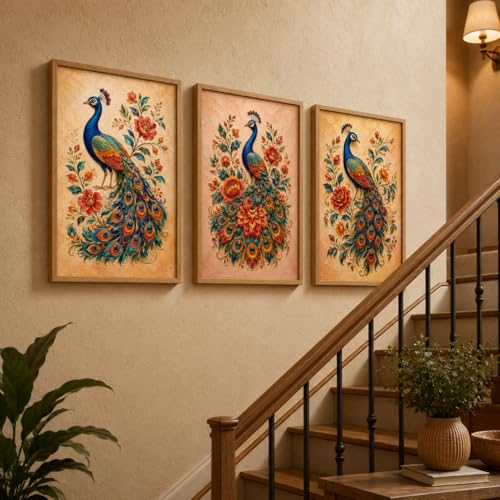 Image of Livin'luxe Set of 3 Peacock Floral Wall Paintings for Living Room Bedroom Home Decor with Premium Wooden Color Synthetic Frame, Ethnic Art (25.5 x 19.5 Inch) NM03-66
