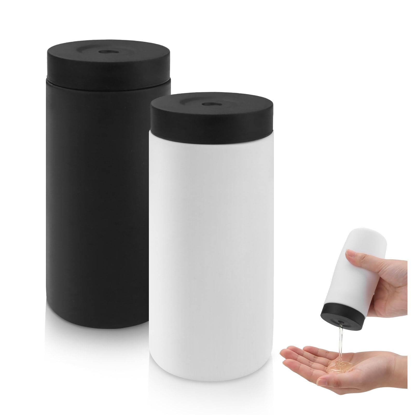 Fatiya 2 Pack 8.1 Oz Silicone Dish Soap Dispenser, 240 ml Refillable Liquid Soap Squeeze Bottle, Squeezable Dish Washing Liquid Dispensers for Kitchen Bathroom Lotion Hand Wash (Black & White)