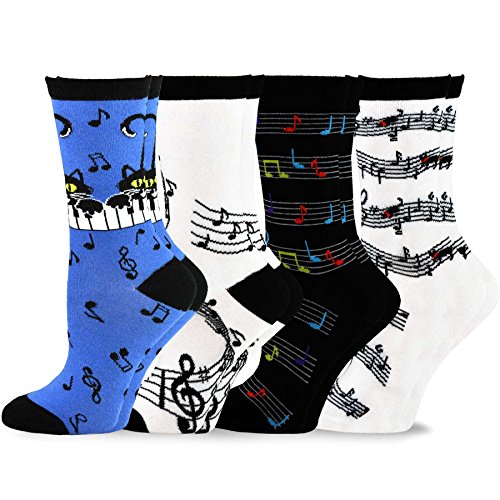 Teehee Colorful Piano Musics Musical Notes Classic Novelty Socks For Women Cotton Crew 4-Pairs (9-11, Dancing Music) #TOP16