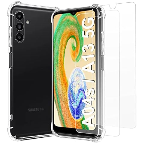 For Samsung Galaxy A04S/A13 5G Case with Tempered Glass Screen Protector(2Pack),Samsung A04S/A13 5G Clear Phone Case,Anti-Scratch Shock Absorption Cover Phonecase,6.5”-Not for Galaxy A13 4G Cover
