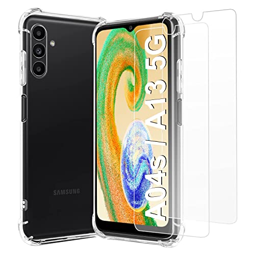 For Samsung Galaxy A04S/A13 5G Case with Tempered Glass Screen Protector(2Pack),Samsung A04S/A13 5G Clear Phone Case,Anti-Scratch Shock Absorption Cover Phonecase,6.5”-Not for Galaxy A13 4G