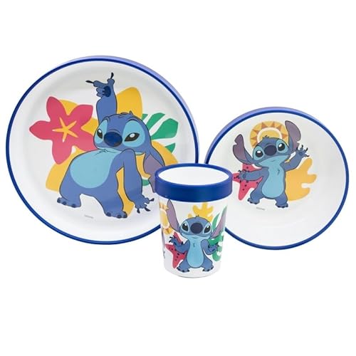 Set de vaisselle réutilisable bicolore pour enfants - Assiette, bol et verre avec base antidérapante - Sans BPA (STITCH)
