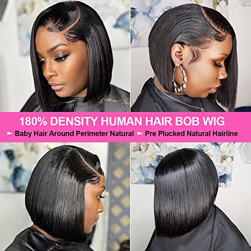 Bob Wig Human Hair 13X4 Lace Front Wigs For Black Women 180% Density Glueless Wigs Human Hair Pre Plucked Short Bob Wigs Brazilian Straight Human Hair Wigs 13X4 Hd Transparent Lace Front Wigs 12Inch #TOP1