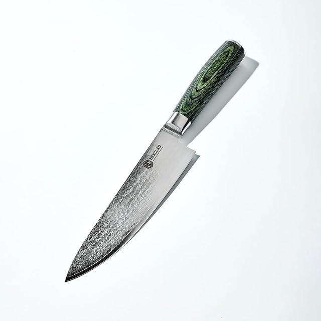 HexClad Couteau de chef, 8-Inch Lame en acier inoxydable de Damas japonaise, manche en bois de Pakka