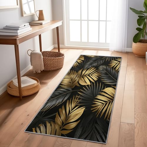Tapis de Couloir 60 x 120 cm Antiderapant, Feuille de Monstera Tropicale en 3D Lavable en Machine Poil Ras Decoration Tapis - Noir Descente de Lit Chambre...