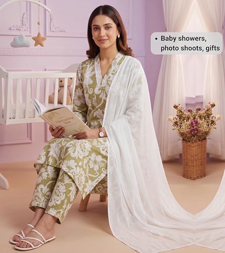 Image of DUMMY SHAPE Maternity Dresses for Women Cotton | Floral Kurta Pant Dupatta Set with Nursing Zippers, Side Pocket | Pre & Post Pregnancy | Feeding Kurti Suit | Baby Shower | Gifts for Pregnant Woman