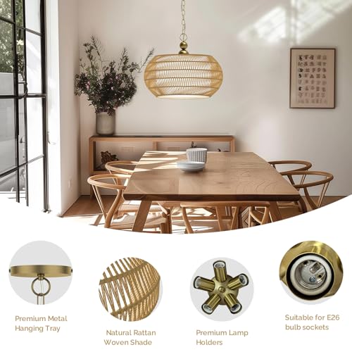 QIHONGLT Rattan Chandelier, 5-Lights Boho Large Pendant Light, Hand Woven Basket Pendant Chandeliers for Dining Room Living Room Kitchen Island Bedroom Foyer, Height Adjustable (19.3in-Gold) by QIHONGLT - Used condition - Image 4