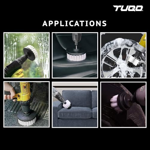 Image of TUQO SB20W, Drill Brush Attachment Set - Power Scrubber Brush Cleaning Kit - Upholstery,Wheels,Carpet, Glass & Leather | Soft Bristles | Hex Shank Fits Most Drills | White
