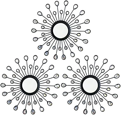 Uaussi 3 Pack Metal Wall Mirrors Rhinestones Starburst Mirror Set Bling Home Decorative Hanging Wall Art for Living Room Bedroom-Water-Drop Burst Black