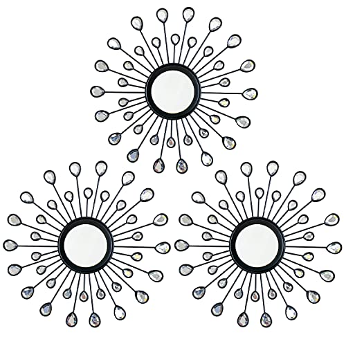 Uaussi 3 Pack Metal Wall Mirrors Rhinestones Starburst Mirror Set Bling Home Decorative Hanging Wall Art For Living Room Bedroom-Water-Drop Burst Black #TOP3