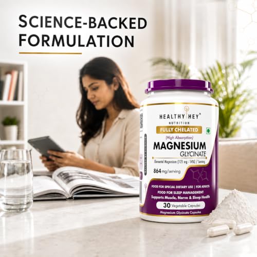 Image of HealthyHey Nutrition Magnesium Glycinate 14% Fully Chelated Supplement High Absorption for Sleep, Cramps, & Nerves Health - 30 Vegetable Capsules