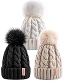 3 PCS Womens Beanie with Pom Pom, Knit Beanie Hats for Women Winter and Fall, Cute Warm Winter Hats for Ladies, Fashionable Skull Cap Beanies for Cold Weather-001