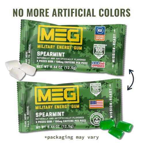 Image of MEG (Military Energy Gum) - Spearmint | Enhance Your Physical Performance with 100mg of Caffeine Per Piece, Ultimate Energy Boost for Workouts, Alternative to Energy Drinks | NSF for Sport Certified - Pack of 24