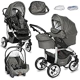 Bergsteiger Kinderwagen Babywagen Capri 3in1 | Kombikinderwagen Komplettset inkl. Zubehör - Babyschale, Buggy-Aufsatz, Sonnenschutz & Wetterfußsack