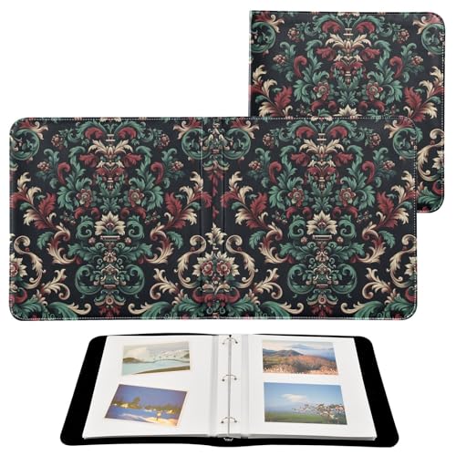 Álbum de fotos autoadhesivo de bricolaje tamaño 8x10 con cubierta de cuero PU rojo y negro, diseño barroco floral, 3 anillas, 40 páginas miniatura 2