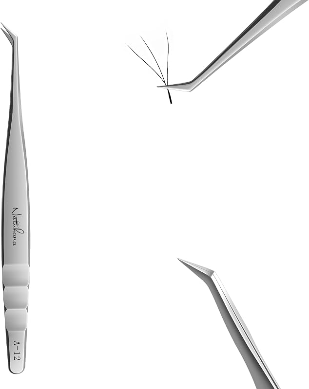 Pinça curva NATUHANA A-12 com ponta de fibra para extensões de cílios, aço inoxidável, prata