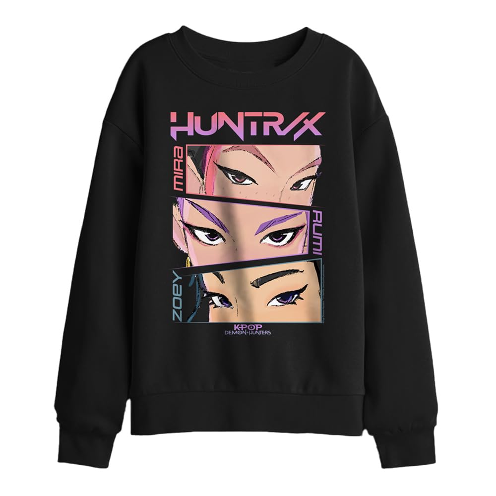 Kpop Demon Hunters Huntrix Eyes Comic Strip Kids Sweatshirt, Black, 5-6