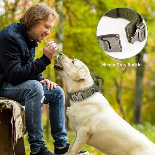 Image of Tactical Dog Collar and Leash Set, Adjustable Military Dog Collar with Control Handle and Heavy Metal Buckle, Dog Training Collar with Bungee Leash. (Army Green, Medium - Collar)