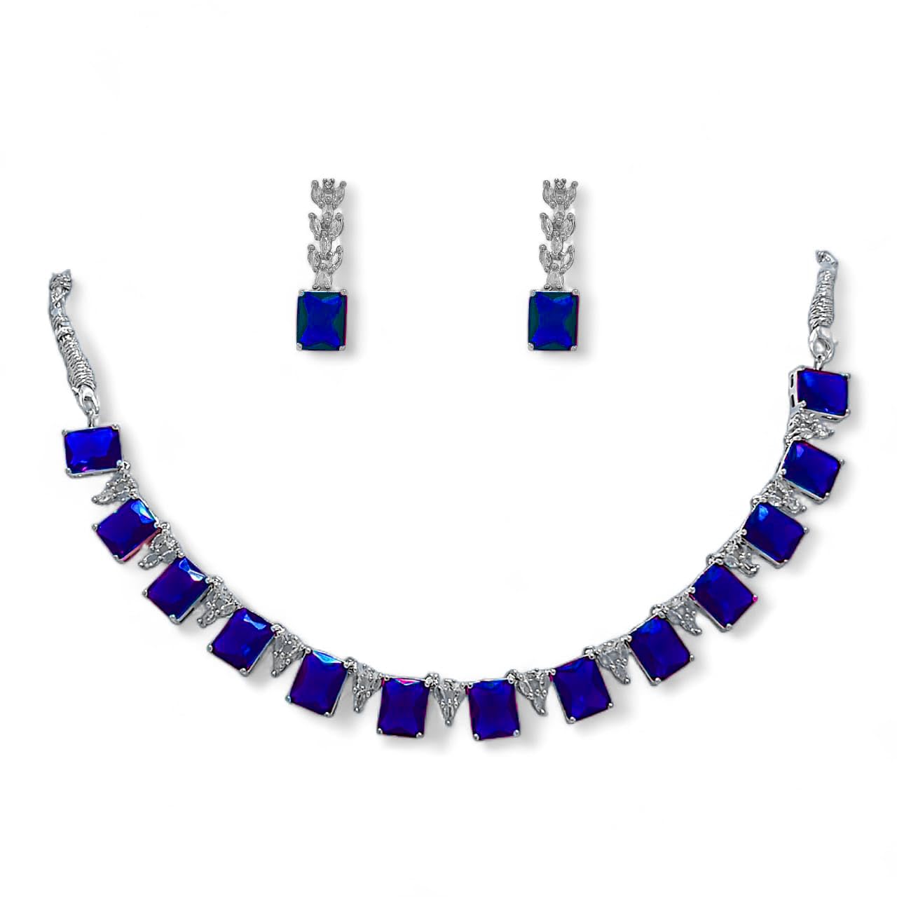 Elegant American Diamond Necklace With Earrings Set - AD Necklace Jewellery Set for Women and Girls. (Blue, Silver) (B0D8LKWYJP) Amazon Price History, Amazon Price Tracker