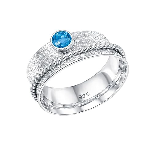 Meadows 925 Sterling Silver Blue Topaz Round Gemstone Spinner Mediation Ring for Men And Women Handmade Jewelry Gift R-19AK-US_8.75