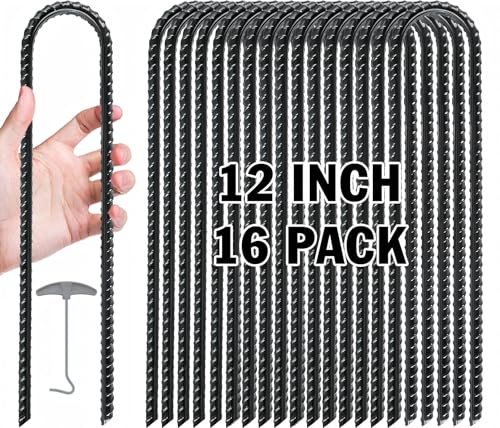 Gtongoko Trampolines Wind Stakes 16 Pack 12 Inch, 0.3 Inch Thick Heavy Duty U Shaped Rebar Tent Stakes Ground Anchors Galvanized Steel Safety Trampoline Anchors for Camping Tents, Soccer Goals