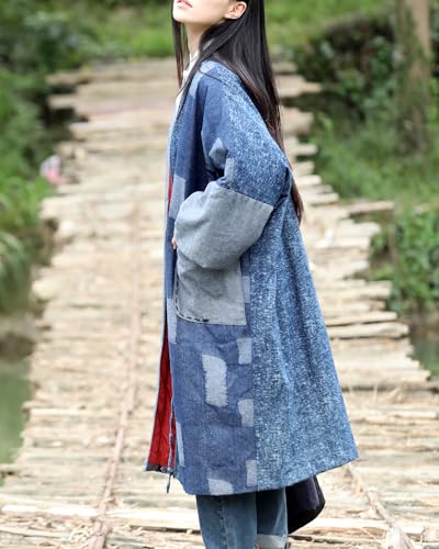 Women\'s Patchwork Kimono Cardigan Coat Boho Cotton-Lined Long Open Front Coat with Pockets, Loose Fit Vintage Denim Outerwea (US, Alpha, One Size, Regular, Regular, Denim Blue)