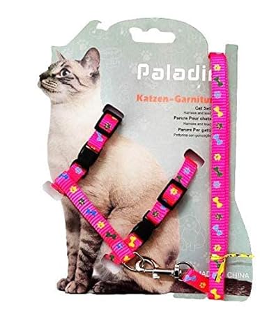 Pups&Pets Cat Harness Leash Nylon Set for Cat Rabbit Kitten and Small Pet Nylon Harness Strap Collar /Cat Training Leash Lead (Pink, Bone PAW Print)