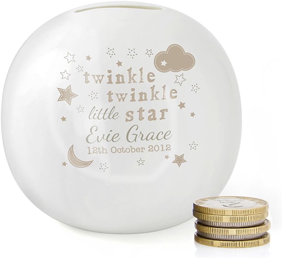 Personalised Money Box / Jar. Twinkle Little Star. White Ceramic. Childrens / Baby Moneybox, Piggy Bank. Kids Or Newborn Babies Gift