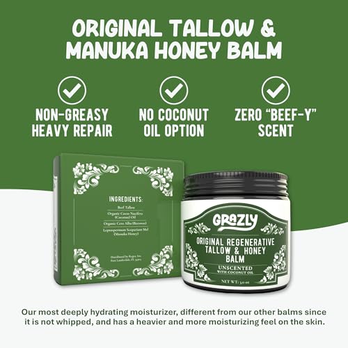 Grazly Original Beef Tallow & Manuka Honey Balm w/Coconut Oil | 100% Grass‑Fed & Finished Beef Tallow, Raw Manuka Honey, Beeswax | Deeply Moisturizing & Repairing Skincare Balm | 3 oz Jar