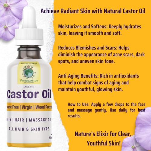 Image of Wood Pressed Castor Oil -50 ML Glass Dropper | Pure Cold-Pressed Arandi Oil | Edible Grade | Hair Growth, Skin Care, Eyelashes, Nails | Native Castor Seeds from Tamil Nadu | 100% Natural by Farmers Society (50 ML)