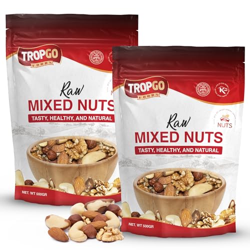 Tropgo Noix Mélangées Crues - 500g de Snacks aux Noix - Lot de 2 - Noix Fraîches et Saines Riches en Fibres & Minéraux - Parfaites pour le Grignotage - Contient Amandes, Noix du Brésil, Noix de Cajou,
