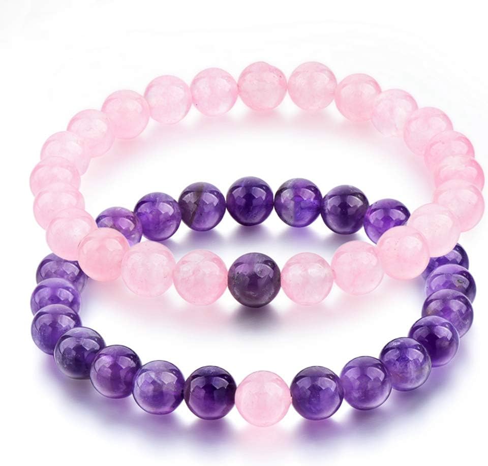 – Amethyst & Rose Quartz Bracelet for Men & Women | Natural Crystal Healing Gemstone Attract Positive Energy Spiritual Growth Protection Stone | Size 8mm Pack of 2